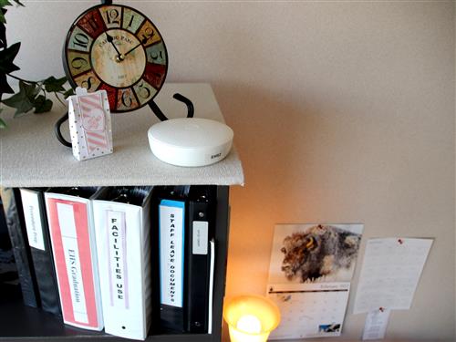 A carbon dioxide monitor sits on a shelf in an Elizabeth High School office. 